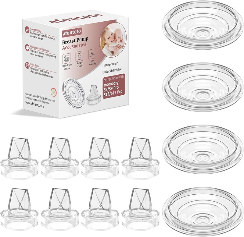 afontoto 8 قطع صمام سيليكون على شكل منقار البط و 4 قطع غشاء سيليكون متوافقة مع مضخة الثدي Momcozy S12 Pro/S9 Pro/S12/S9، قطع غيار مضخة الثدي Momcozy، مجموعة أساسية للرضاعة الطبيعية للأمهات - Image 1